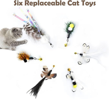 Hokaad Cat Insect Feather Toys - Feather Wand & 6 Natural Insect Refills - Interactive Cat Teaser with Bell