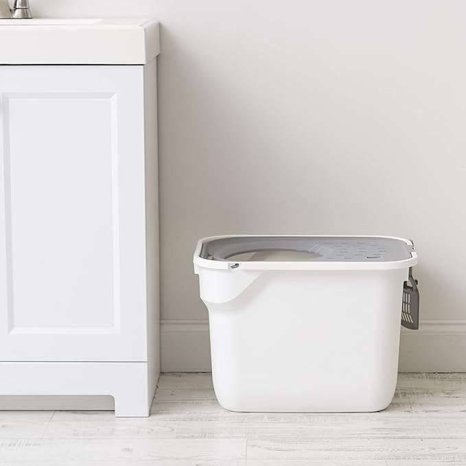 IRIS USA Large Cat Litter Box Top Entry with Lid, Enclosed Litter Box with Litter Catching Lid & Scoop, Covered Cat Litter Box Enclosure for Privacy, High Sided, White/Gray