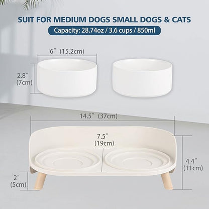 Elevated Ceramic Dog Bowl Set - Double Dog Feeding Bowls with Stand Splash Proof - Raised Dishes for Food and Water - Ideal for Small to Medium Dogs - 2 x 850 ml - 28.74 oz