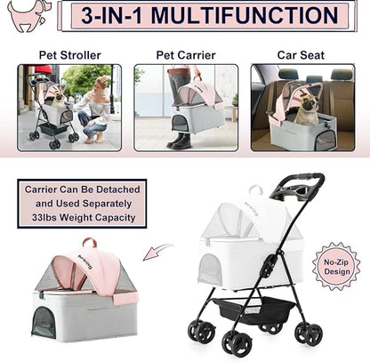 3-in-1 Pet Stroller for Small Dogs and Cats, Folding Lightweight Dog Stroller with Detachable Carrier Portable Cat Puppy Jogging Stroller with Cup Holder and Storage Basket, 4 Wheels