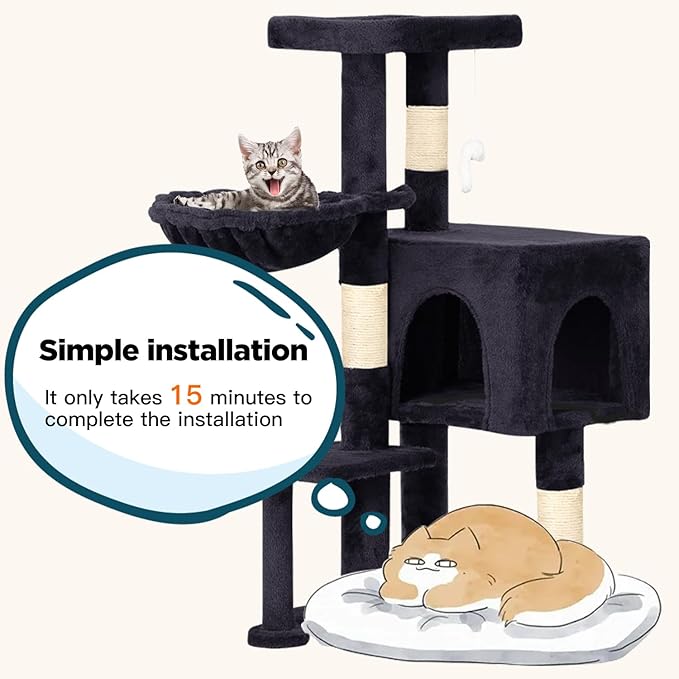BestPet | 37" Cat Tree Tower | Dark Gray | Sturdy Multi-Level Cat Tree with Plush Condo, Cozy Perch, Sisal Scratching Posts, Hanging Toy and Hammock | Easy Assembly | for Kittens & Adult Cats