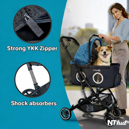 NT Hut WagZee Dog Stroller for Small & Medium Dogs & Cats, Foldable Pet Stroller with 360 Mesh Windows, One-Click Fold, Storage Basket, Cup Holder, Black Teal