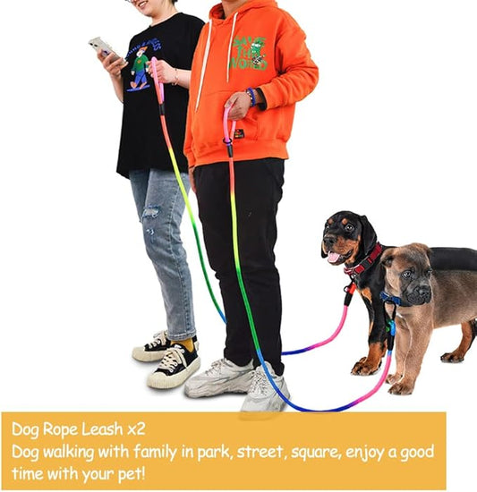 Hands Free Dog Leash Waist & Crossbody Rope with Slip Lead Durable for 2 Dogs Nylon Reflective Heavy Duty Hiking Running Leash for Medium Large Dogs(Rainbow, 9.8Ft)