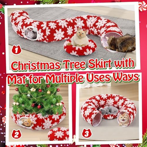 Cat Tunnel Christmas Tree Skirt for 5-7.5ft Trees - Prevent Christmas Tree Falling, Snowflake Patterns Warm Soft Cat Tube Bed with Anti-Slip Mat - Image 4
