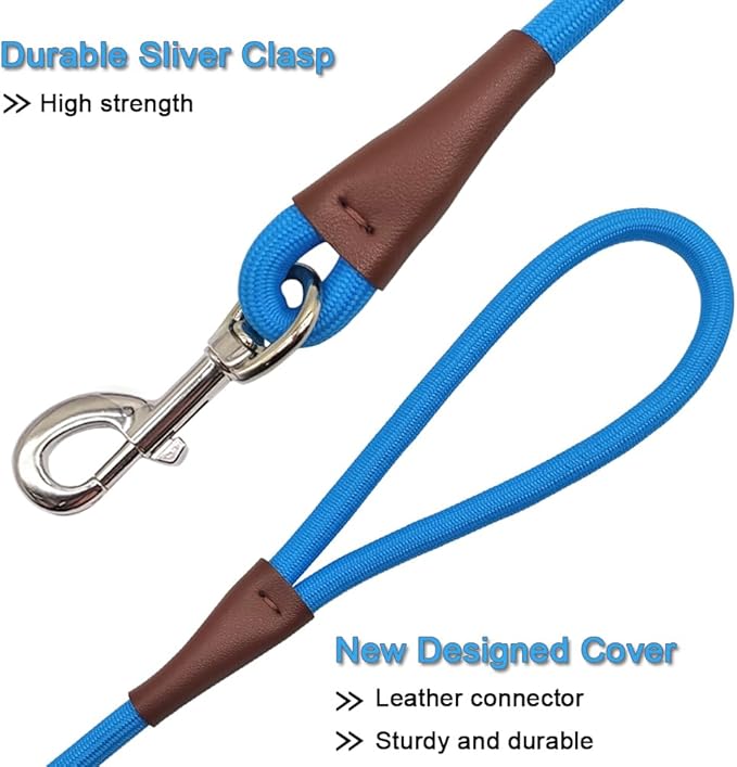 MayPaw 4/6 /8/10 FT Dog Leash, Classic Solid Colors, Strong Nylon Rope Dog Leash Reinforced with Leather Tailor Connection Heavy Duty Silver Clasp (Blue, 6ft*1/2")