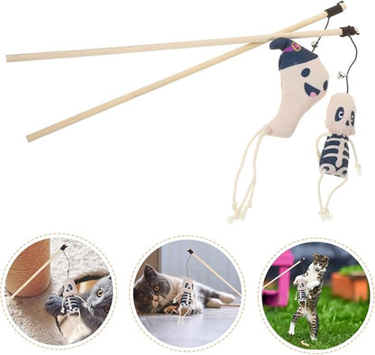 POPETPOP 2pcs Halloween Cat Teaser Toys Interactive Plush Kitten Stick Cute Ghost Skull Design for Engaging Playtime for Indoor Cats and Kittens