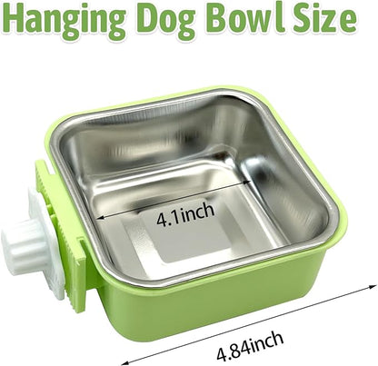 kathson Crate Dog Bowl, Removable Stainless Steel Hanging Pet Kennel Cage Bowl Food & Water Feeder Coop Cup for Puppy, Cat, Rabbit, Guinea Pigs 3pcs Small Square(Blue, Green, and Pink)