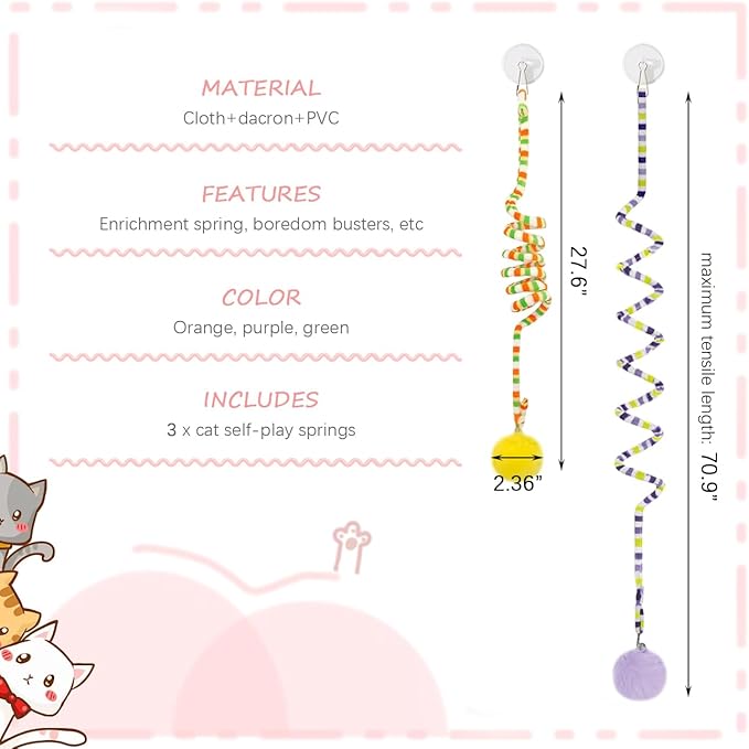 La La Pet®Retractable Cat Teaser Toy Cat Toys for Indoor Self Play 3 Pack Interactive Cat Feather Toy Hanging Spring Cat Toys Cat Teaser Suction Cup with Bell and Plush Ball Kitten Exercise Toys
