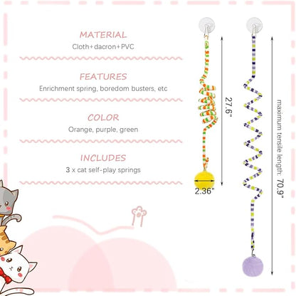 La La Pet®Retractable Cat Teaser Toy Cat Toys for Indoor Self Play 3 Pack Interactive Cat Feather Toy Hanging Spring Cat Toys Cat Teaser Suction Cup with Bell and Plush Ball Kitten Exercise Toys