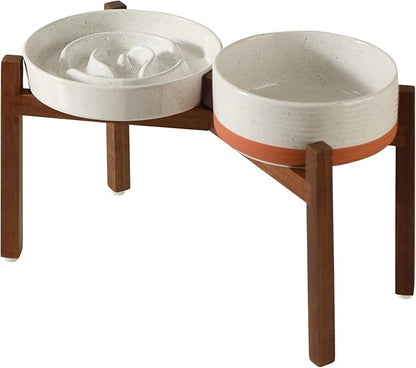 Ceramic 1.6 Cup Raised Slow Feeder Dog Bowl Set, Elevated 7.3inch Bowl and 8.2inch Dish with Acacia Wood Stand for Medium and Large Dogs(2 x Vanilla White+ Stand)