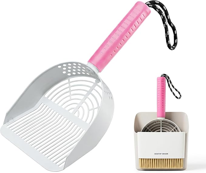 Cat Litter Scoop with Holder, 3-in-1 Litter Box Solution: Metal Scooper, Dustpan & Mini Broom, Coarse and Fine Grid, Quick Sift, Metal Kitty Litter Scooper Works with All Type of Cat Litter