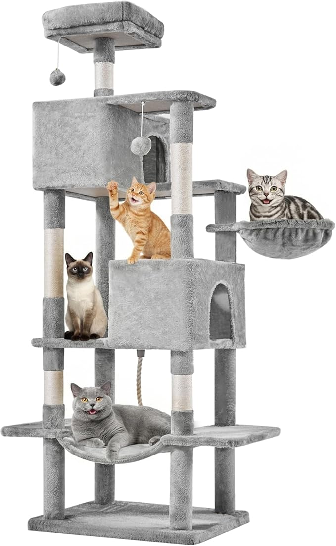 DUMOS Large 66 Inch Cat Tree Tower, Tall Multi Level Cat Climbing Tower with Natural Sisal Scratching Posts, Hammock, Pet Condo for Indoor Cats and Kittens Play, Grey