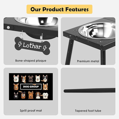 Metal Raised Dog Bowl Stand for Extra Large & Large, Dogs Food & Water Bowls 15" Tall,with Sprill Proof Mat, Raised Stand (70OZ-Stainless Steel Dog Bowls, Mat-20x31)