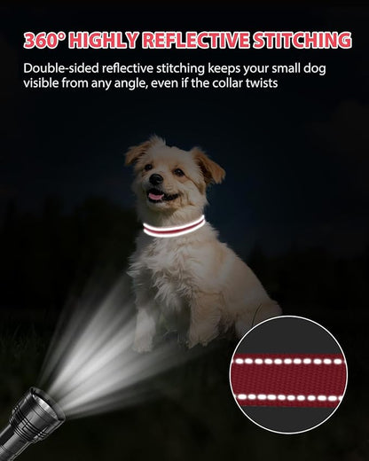 Joytale Dog Collars for Small Dogs, Feather-Light Double-Sided Reflective Nylon Collar for Night Safety, Adjustable Quick-Release for Growing Puppies, Red, S (5/8" Width)