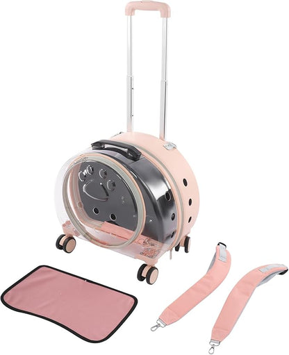 Transparent Bubble Pet Carrier with Wheels, Breathable Cat Dog Travel Carrier with 3-Stage Handle & Removable Strap, Portable Trolley Case with Ventilation for Small Dogs & Cats (Light Pink)