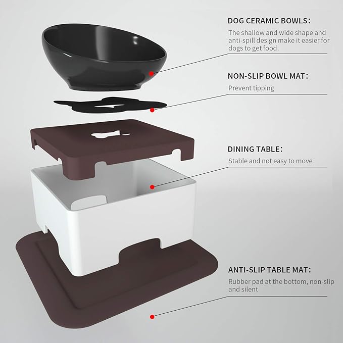 Raised Tilted Dog Feeding Bowl,Elevated Ceramic Dog Bowls Set Anti-Slip,Standing Pet Feeding Dish for Small Medium Dogs and Cats,Black