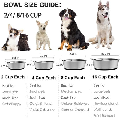 Stainless Steel Pet Bowls, 2 Pack, Non-Slip Rubber Bottom, Dishwasher Safe, 8 Cups, for Dogs and Cats
