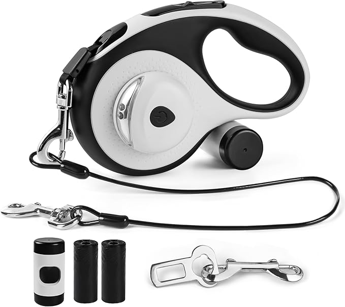 26ft Heavy Duty Retractable Dog Leash for Large Dogs, Dog Leash with Poop Bag Holder, Up to 100lbs, With LED Light, Chew Proof Cable, One-Handed Pause & Lock, 360° No Tangle. (White+, 26Ft)