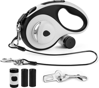 26ft Heavy Duty Retractable Dog Leash for Large Dogs, Dog Leash with Poop Bag Holder, Up to 100lbs, With LED Light, Chew Proof Cable, One-Handed Pause & Lock, 360° No Tangle. (White+, 26Ft)