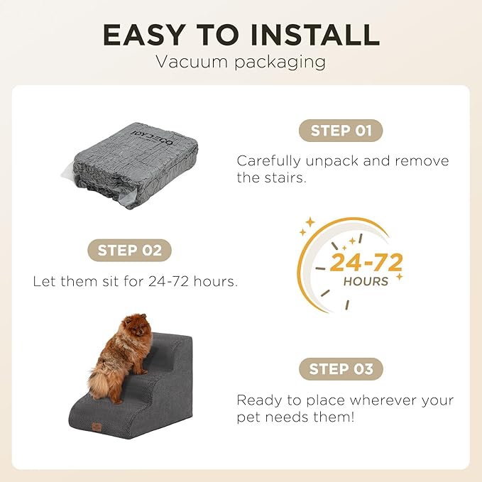 Joydeco Dog Stairs for Bed 17.1" H, 3-Step Pet Steps for Small Dogs and Cats, Dog Steps for High Bed, Non-Slip Balanced Ramp Indoor Pet Stairs, Gray