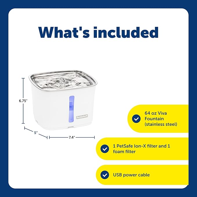 PetSafe Viva Pet Fountain - Encourages Healthy Hydration - Automatic Water Dispenser with Double Filtration - Ultra Quiet Water Fountain - Easy to Assemble - Dishwasher Safe - Stainless Steel - 64 oz