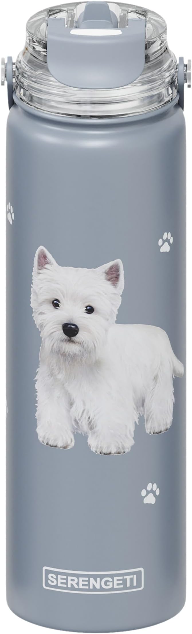 SERENGETI 24 Oz Water Bottle Stainless Steel with Spill Proof Lid - Double walled Vacuum Insulated water flask - Realistic 3D Print of your favorite dog (Westie)