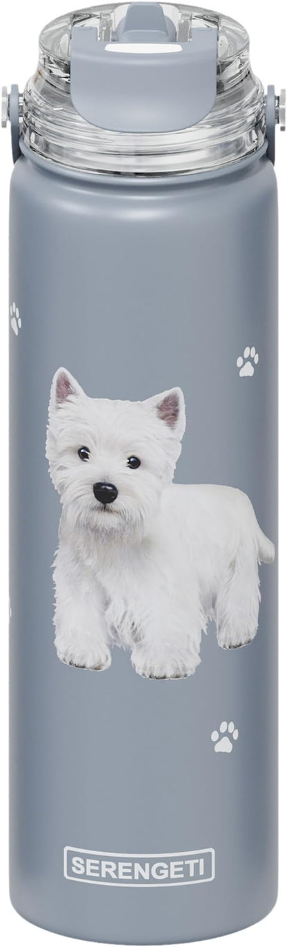 SERENGETI 24 Oz Water Bottle Stainless Steel with Spill Proof Lid - Double walled Vacuum Insulated water flask - Realistic 3D Print of your favorite dog (Westie)