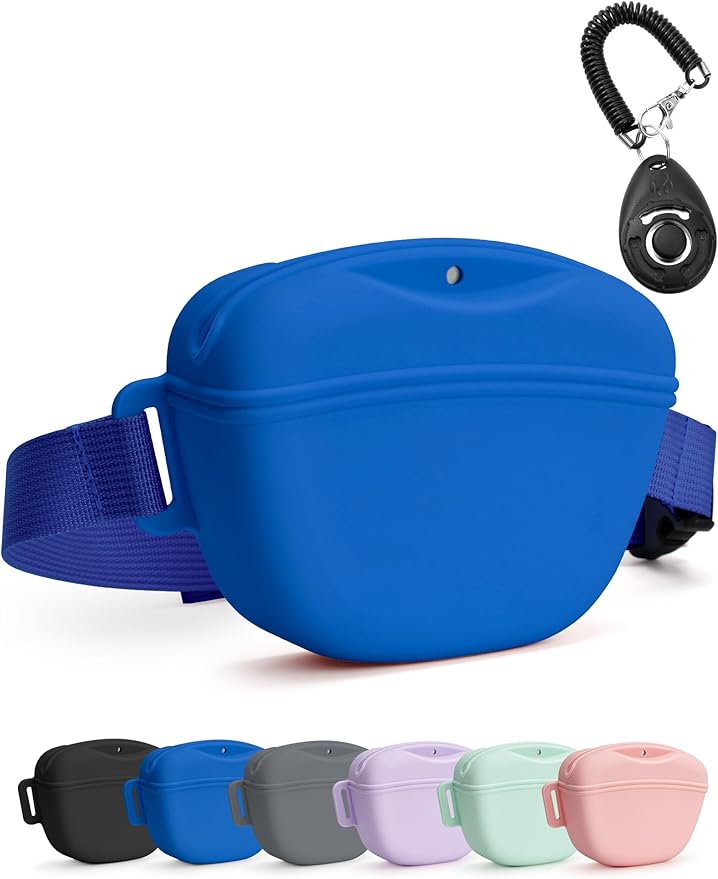 heouvo Dog Treat Pouch with Training Clicker, Upgrade Stronger Magnetic Closure to Avoid Spilling, 1.67 Cup Silicone Treat Bag Fanny Pack with Waist Belt for Pet Training Walking (Blue)