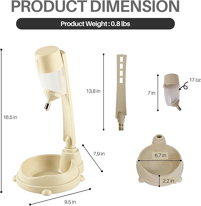 UPIT Standing Pet Water Dispenser and Food Bowl - Height Adjustable Dog Water Dispenser with Detachable Pole - Nonslip & Non-Spill Dog Water Bottle Dispenser - Dog Feeding Station (Ivory)