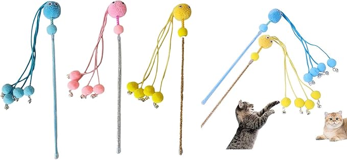 Cute Tassels Teaser Wand Toy with Pompoms&Small Bells Teaser Wand Interactive Toy Chasing Wand Toy Candy Color Interactive Toy for Indoor Cats Interactive Toy for Boring Indoor Adult