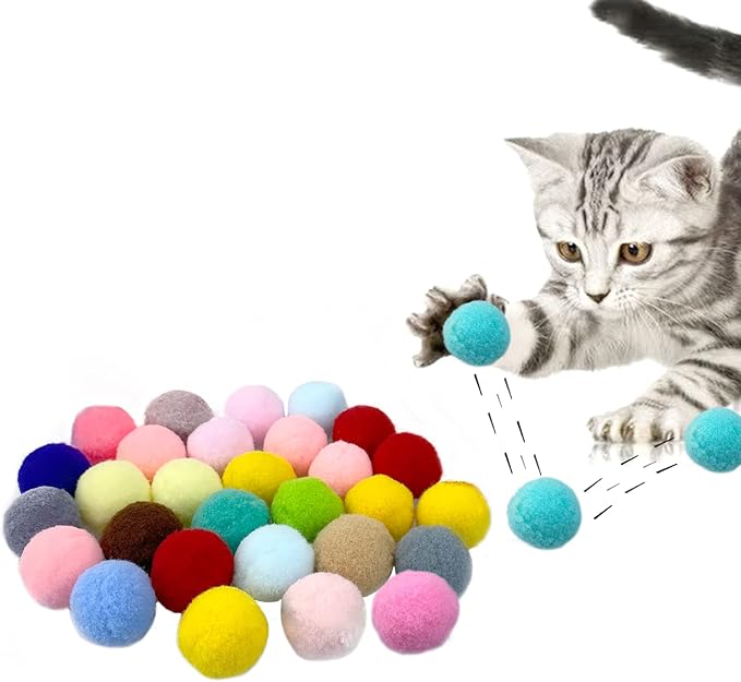 Andiker Cat Pompom Balls, 30pcs Cat's Ball Toys 1.2 Inches Colorful Kitten Pom Pom Balls Lightweight Indoor Kitten Interactive Playing Quiet Ball Cat Toys for Indoor Cats to Do More Exercise (2.5cm)