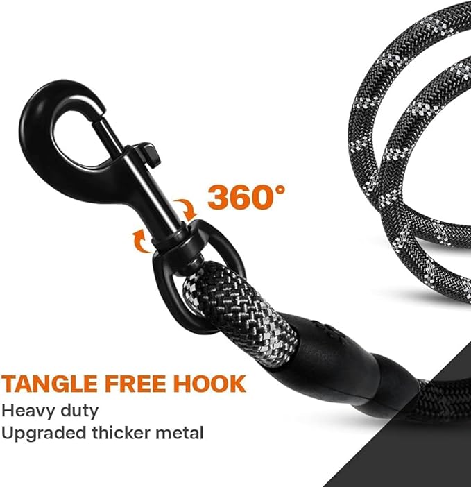 Taglory Rope Dog Leash 4 FT with Comfortable Padded Handle, Highly Reflective Threads Leash and Anti-Tangle Clip for Walking Medium Large Dogs, 1/2 inch, Black