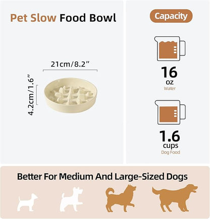 Ceramic 1.6 Cup Dog Bowl Slow Feeder, 8.2 inch Slow Pet Food Dish for Medium and Large Dog, Stop Bloat, Preventing Choking(Single Bowl, Light Yellow)