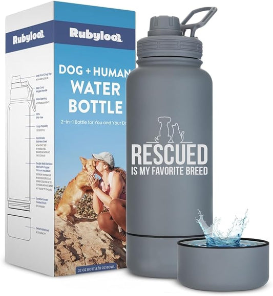 Rescue Dog Lover Water Bottle – 32 oz Stainless Steel Double Wall Insulated with 8 oz Detachable Bowl – Animal Rescue Gifts for Dog or Cat Lovers – “Rescued is My Favorite Breed” – Smoky Grey