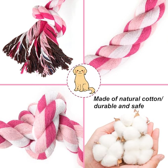 SZEE Dog Rope Toys, 24 in 3 Knots Chew Rope for Small, Medium and Large Dogs, Natural Cotton Pet Pull Toy for Tug of War and Teeth Cleaning, Fits Valentine’s Day Vibe (Pink)