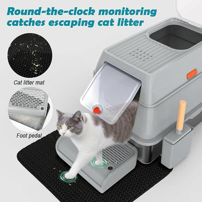SZEE XL Stainless Steel Litter Box with Lid, Extra Large Metal Covered Litter Box, Stainless Box Easy Clean, Activated Charcoal Odor Control Design, Includes Litter Scoop & Mat & Step, Grey