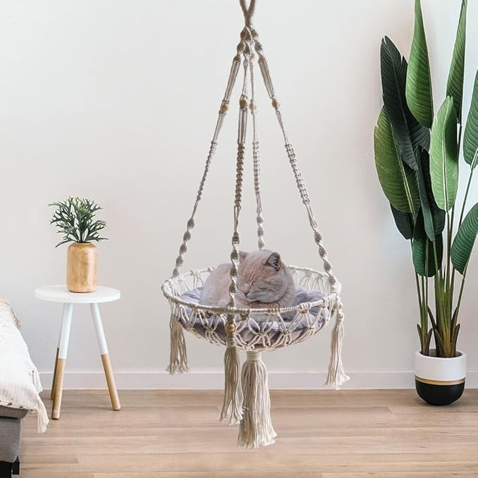 Macrame Cat Hammock Bed in Cotton White - Extra Large 40" Hanging Swing for Large Cats, Handmade Natural Rope Pet Nest, Boho Modern Wall Mounted Cat Chair, No Cushion