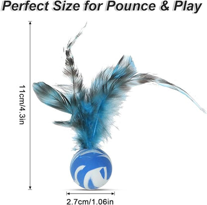 Cat Bouncy Ball with Feathers - 5 Pack Interactive Cat Feather Toys for Indoor Cats, Rubber Kitten Fetch Chase Toy for Interactive Exercise & Hunting Play