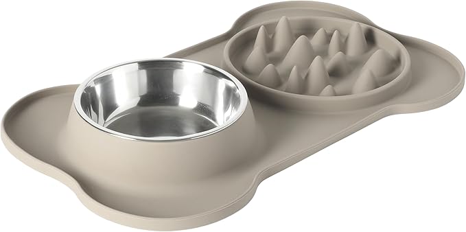 Gibson Home Curious Canines Slow Feeder Dog Bowl Set, 16” Bone Shaped Double Bowl, Silicone Base with Stainless Steel Insert, Anti-Gulp Feeding, Dishwasher Safe, Taupe