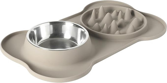 Gibson Home Curious Canines Slow Feeder Dog Bowl Set, 16” Bone Shaped Double Bowl, Silicone Base with Stainless Steel Insert, Anti-Gulp Feeding, Dishwasher Safe, Taupe