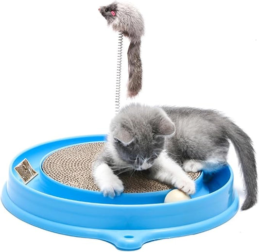 AUOON Cat Scratcher Toy with Ball Track - 3 in 1 Interactive Cat Toy, Cat Scratch Pad with Cat Ball Toy and Plush Cat Mouse Toy for Indoor Cats and Kittens (Blue)