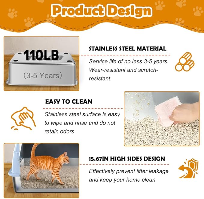 Vivifying Stainless Steel Litter Box with Lid, XL Front Entry Enclosed Extra Large Litter Box for Big Cats & Kitty, Top Exit Metal Cat Pan with Scoop, Mat, Step, Charcoal Filter (Blue)
