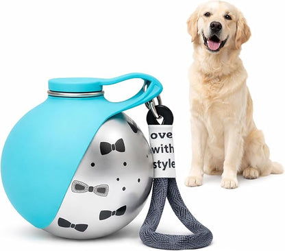 Foldable Pet Water Bottle, Portable Leak Proof Dog Water Bottle with Silicone Drinking Bowl, 304 Stainless Steel Travel Water Dispenser for Dogs and Cats, 287ML (Blue+Print)