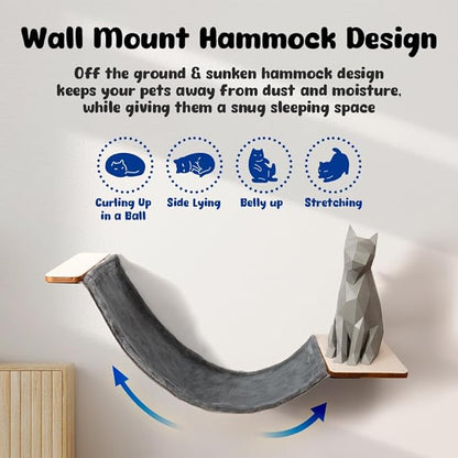 Cat Wall Furniture, Cat Hammock Wall Mounted Cat Shelf with 2 Steps, Cat Climbing Shelves and Perches and Lounging with Metal Frame and Wooden Shelf for Cozy Rest - MK2026B