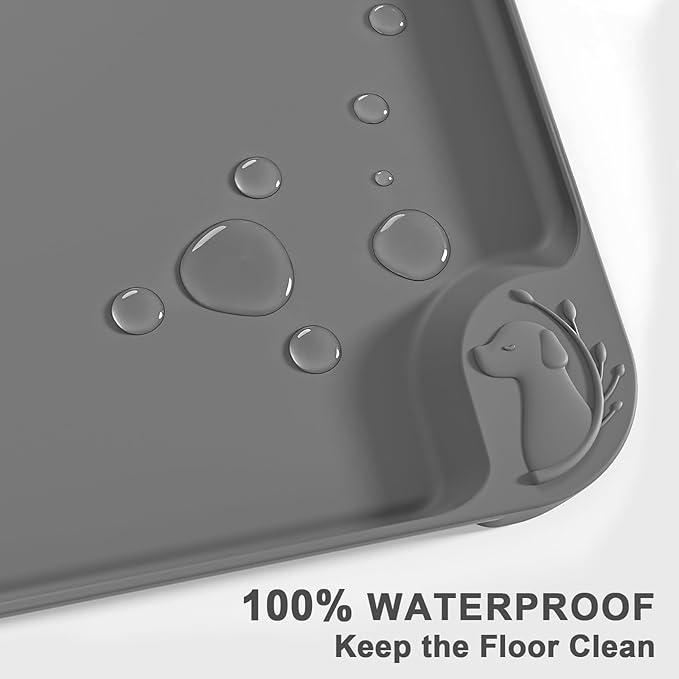 ESTHELLO Waterproof Pet Feeding Mats - Advanced Silicone Dog Food Mat Easy to Clean for Dog & Cat Bowls, 24''x16'' Premium Gray
