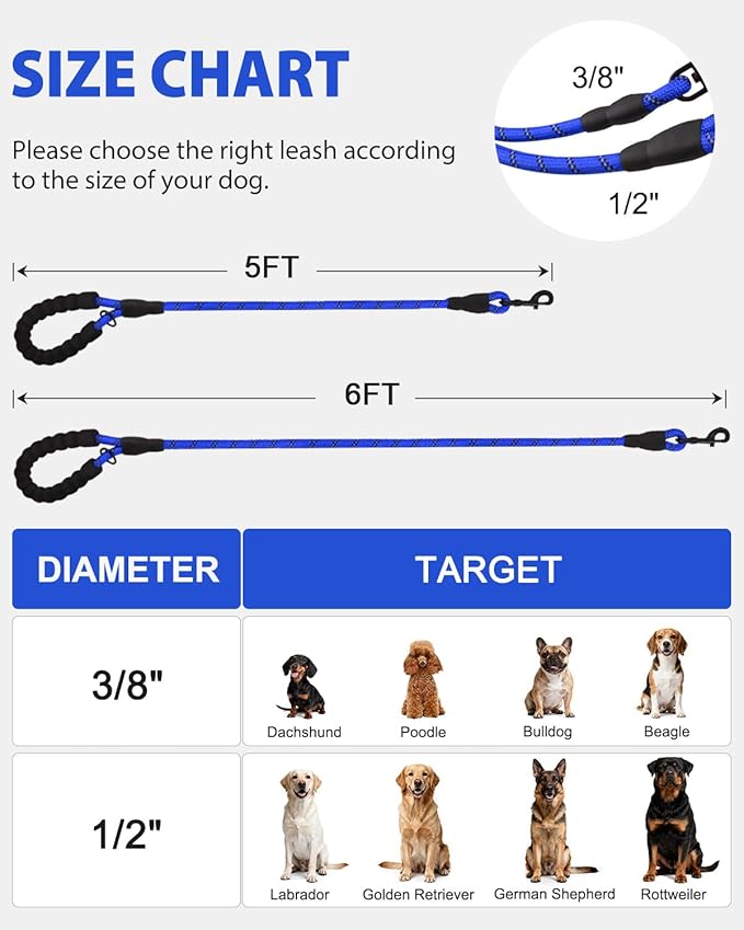 Joytale Dog Leash for Small Dogs, Heavy Duty Nylon Leashes with Comfortable Padded Handle and Highly Reflective Threads, Ideal for Walking and Training, Navyblue, 5'×3/8''