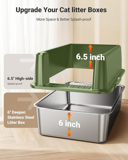 XL Stainless Steel Litter Box, Large Metal Cat Litter Box with High Sided for Big Cats, Enclosed Litter Boxes with Lid, Easy-Clean Cat Litter Mat & Scoop Kit, Non Sticky, Anti-Urine Leakage