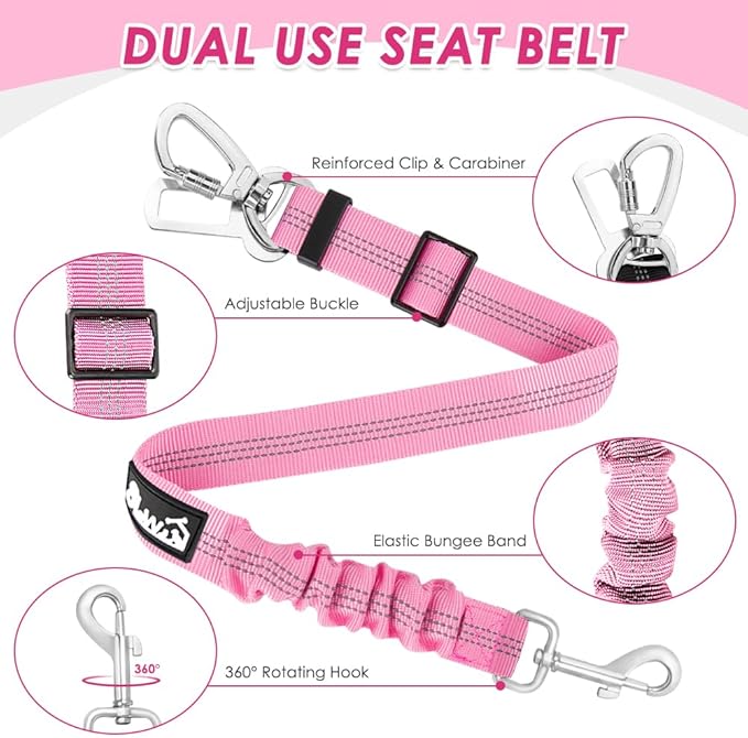 Lukovee Dog Seat Belt for Car, Adjustable Dog Car Harness for Large Medium Small Dogs, Soft Padded & Breathable Mesh Dog Seatbelt with Car Strap and Carabiner (A-Pink,L)