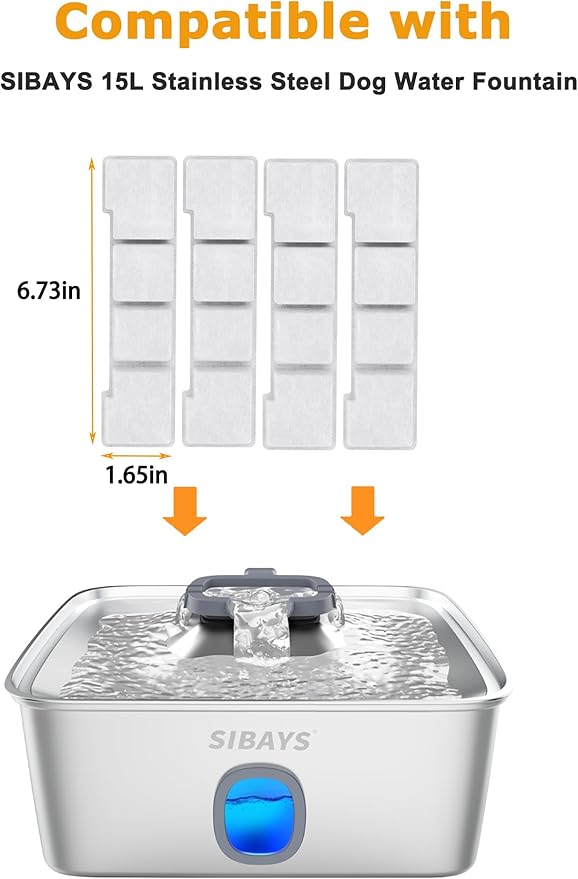 SIBAYS Dog Water Fountain Filter Replacement, 4Gal/15L Pet Fountain Filters, Made of Activated Carbon and PP Cotton, 8 Pet Water Fountain Filters, 8 Pre-Filter Sponge with 8 Pump Sponge(Model: L05)