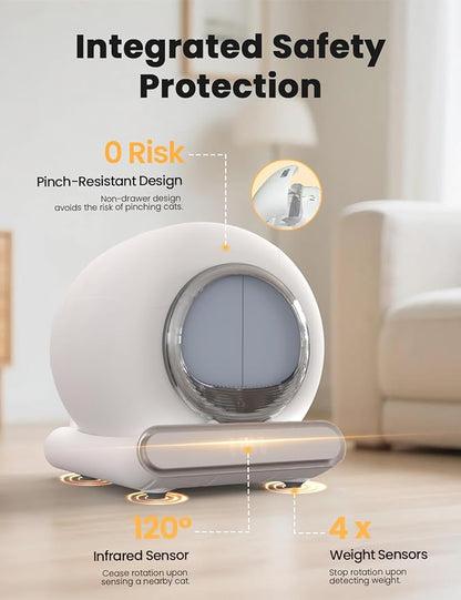Self Cleaning Litter Box, Integrated Safety Automatic Cat Litter Box Self Cleaning 65L+9L for Multiple Cats, App Control, Odor Removal, Includes Mat & Liner (3 Rolls) - White